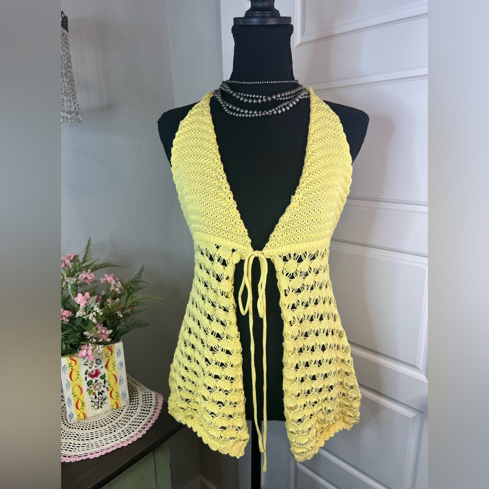 Musera Yellow Crochet Open Front Y2k Style Boho Hippie Halter Top Sz L Coastal